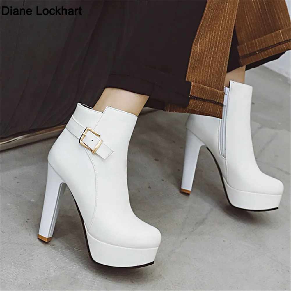

White Ankle Boots Women Platform Short Shoes Fashion Buckle 11.5CM High Heels Pink Black Round Toe Autumn Winter Women Boots