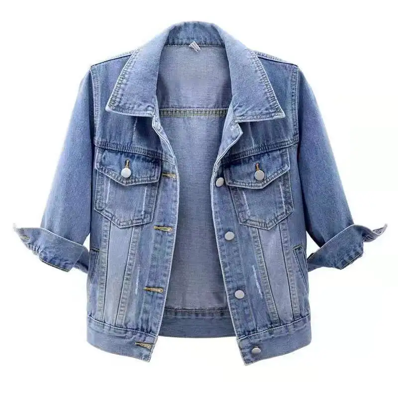 

Blue Denim Jackets For Women 2023 Autumn Fashion Korean Three Quarter Sleeve Denim Cropped Jacket Jaqueta Jeans Feminina