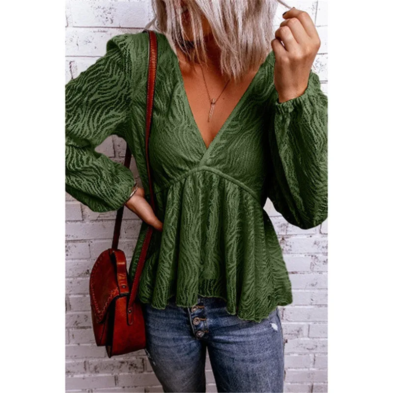 

2021 New Vintage Fashion Spring and Autumn Ruffled Blouse V-neck Pullover Long-sleeved All-match Solid Color Women's Clothing