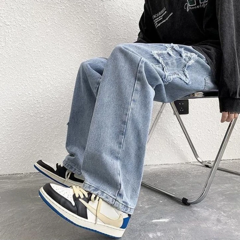 DEEPTOWN Men's Straight Jeans with Embroidery Stars Y2K Loose Casual Patch Youth Trousers Male Black Washed hip hop Streetwear