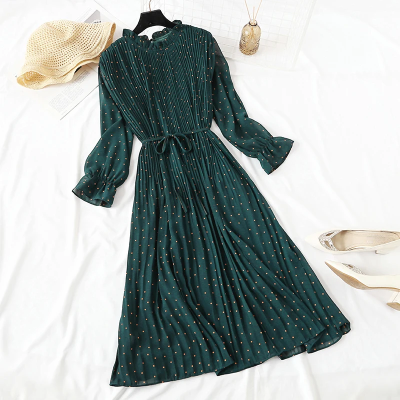 

2021 Print Pleated Chiffon Dresses Spring Summer New Women Dress Fashion Female Casual Flare Sleeve Lotus Leaf Neck Basic Wear