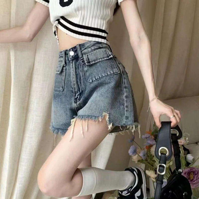 Y2k Shorts For Women Short Jeans Raw Edge Light Blue Baggy 2000s Korean Style Fashion High Waist Straight 2023 Mini Denim Pants