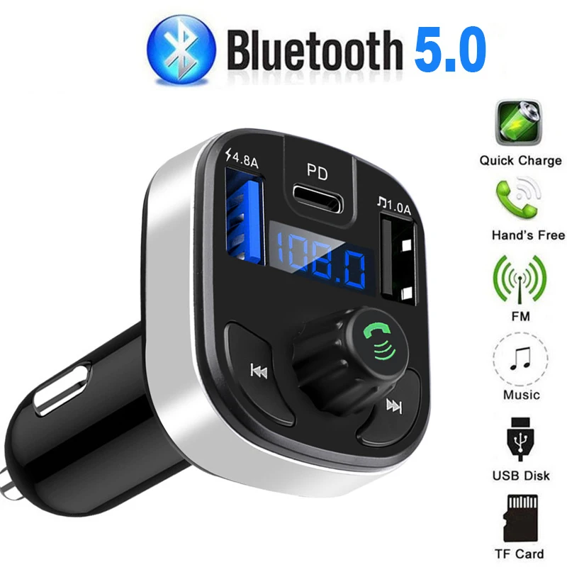

Bluetooth 5.0 FM Transmitter Modulator PD 18W Fast Charge Dual USB 4.8A+1.0A Handsfree Car Kit Car MP3 TF Card /U Disk Player
