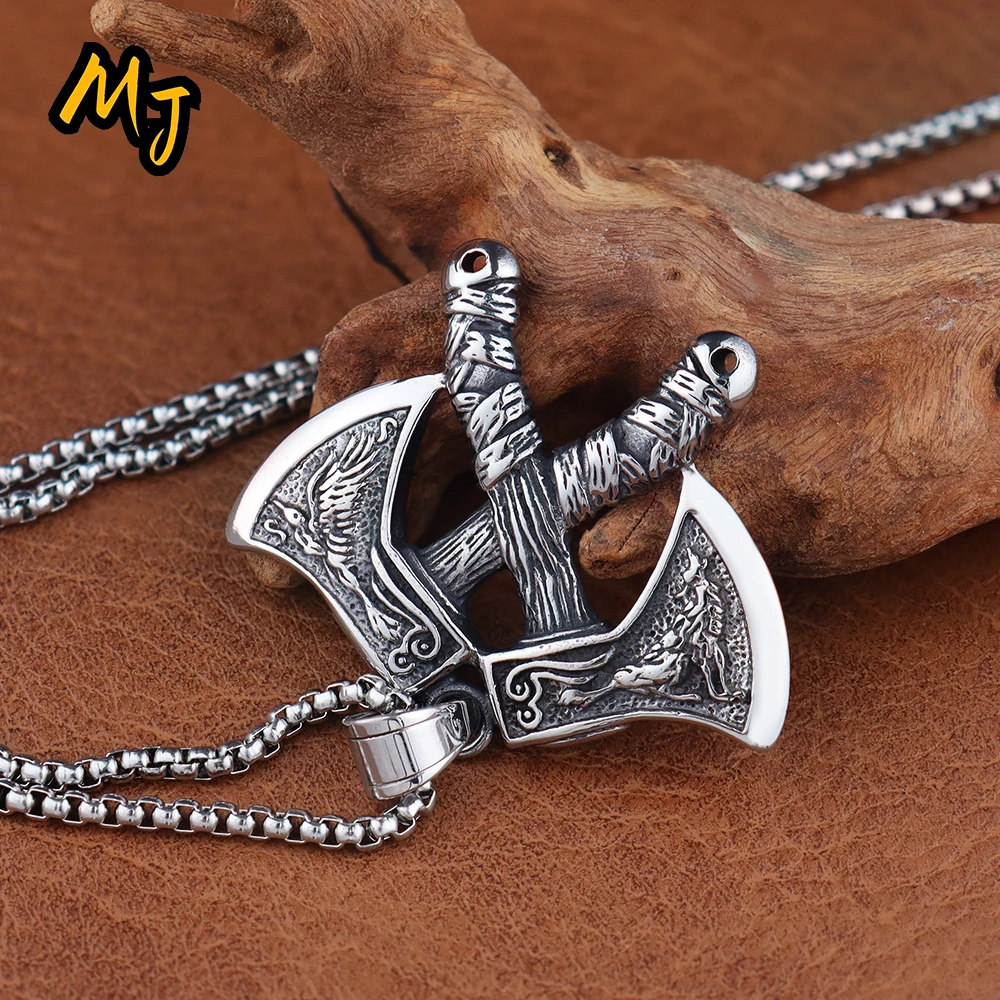 

Unique Viking Double Axe Pendant Stainless Steel Retro Nordic Domineering Wolf and Eagle Necklace Scandinavian Jewelry Wholesale