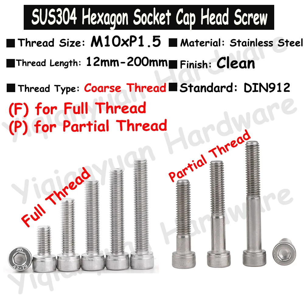 

1Piece~5Pcs M10xP1.5 DIN912 SUS304 Stainless Steel Hexagon Socket Knurled Cap Head Screws Allen Key Bolts Full/Partial Threaded