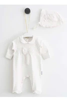 cream baby girl rompers suit newborn clothing with lace hat 2 piece baptism religious ceremony outfit toddler clothes fashion