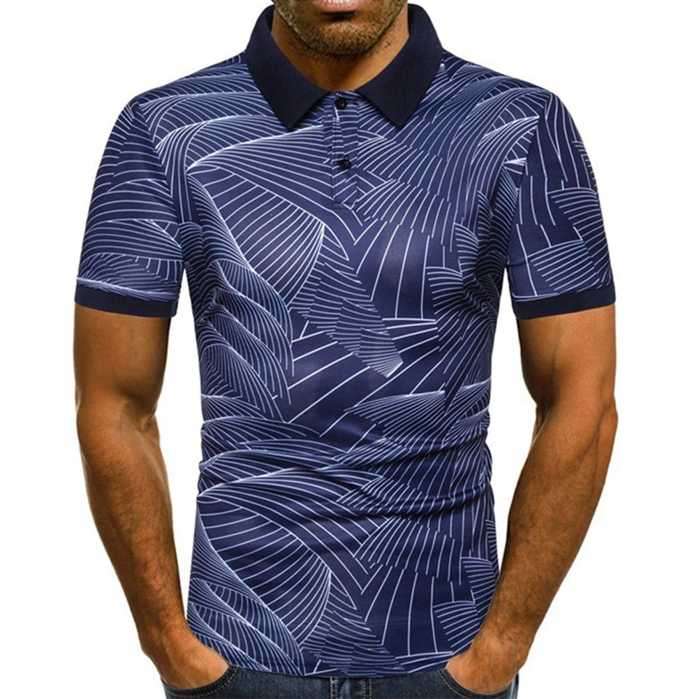 

Mens Button Collar Print Shirts Short Sleeve Tops Summer Casual Muscle T-Shirt