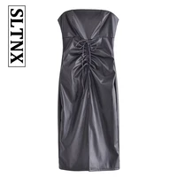 sltnx dresses woman spring summer 2022 strapless sexy solid long dress leather with folds ladies dresses female clothes xs s m l