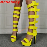 sexy hollow hook and loop sandals stiletto heel plus size 47 banquet platform sandals knee high women shoes summer solid yellow