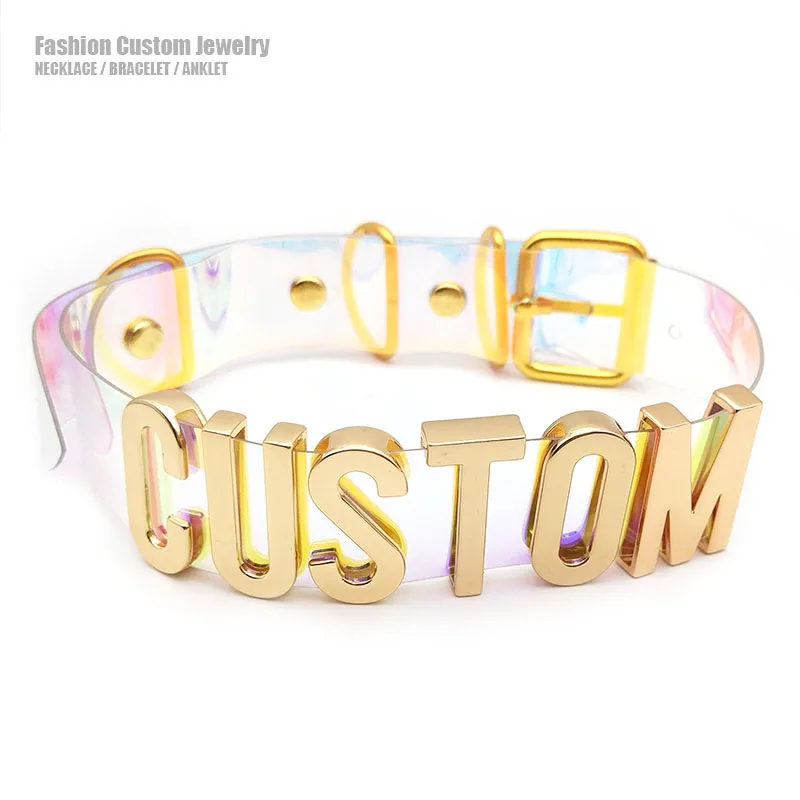 

Fashion Gold Letters Colorful Laser PU Necklaces Women Men Sexy Custom Name Word Collars Cosplay Buckle Necklace Kawaii Jewelry