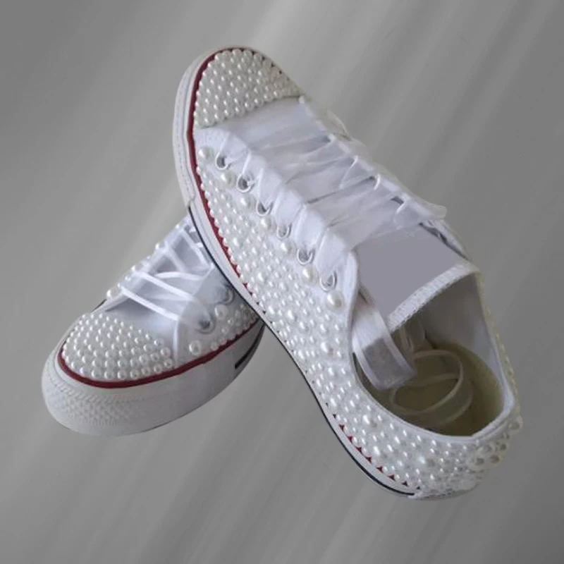White canvas shoes pearl ribbon comfortable walking street shooting sneakers handmade pearl neutral vulcanized shoes 35-46