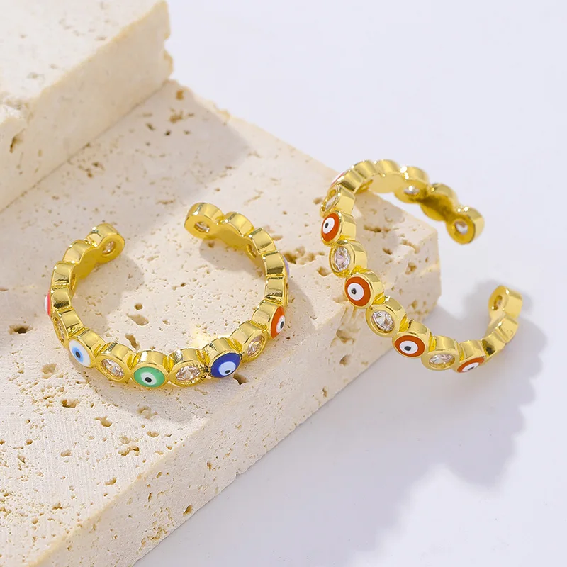

Fashion Border Trending Products Evil Eyes Ring For Women Drip Oil Gold Plated Color Eye Opening Adjusted Ring Party Gift