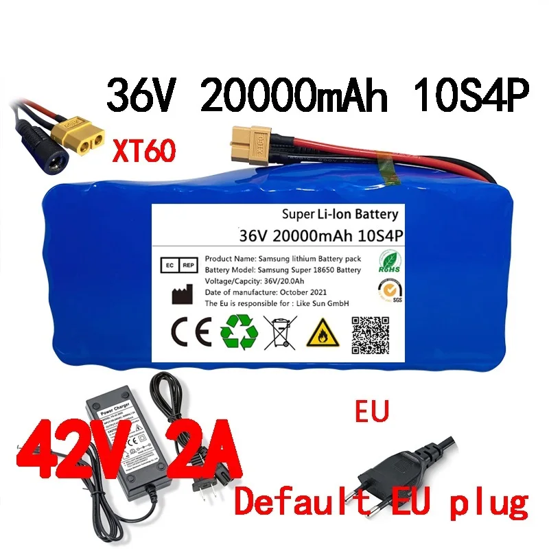 

New 36V Battery Pack 18650 battery 10S4P 20Ah battery pack high power battery 42V 20000mAh Ebike electric bike BMS+42V2A Charger