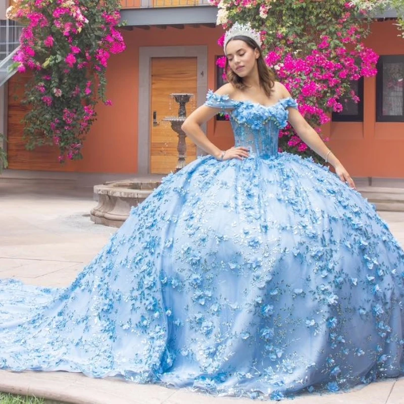 Небесно-голубое блестящее платье Quinceanera с открытыми плечами и блестками