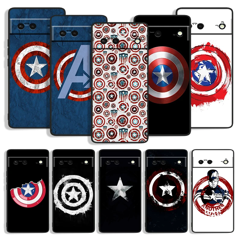

Marvel Captain America Shield Shockproof Phone Cover for Google Pixel 7 6a 6 5a 5 4 4A XL 5G Black Case Soft Fundas Coque