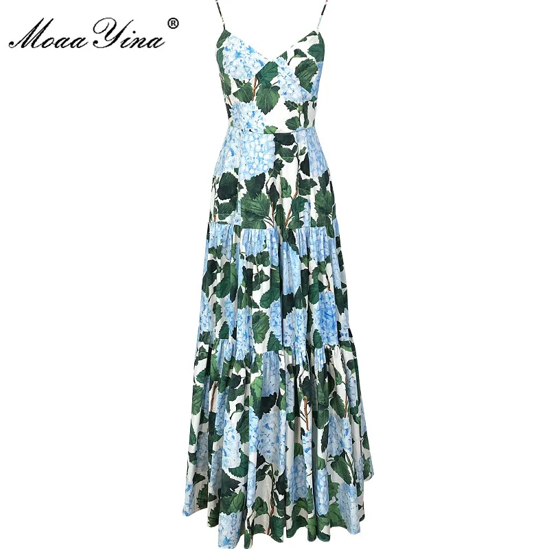 MoaaYina Fashion Designer Summer Women's Square Collar Sling Long dress Flower Printing High Quality Dresses
