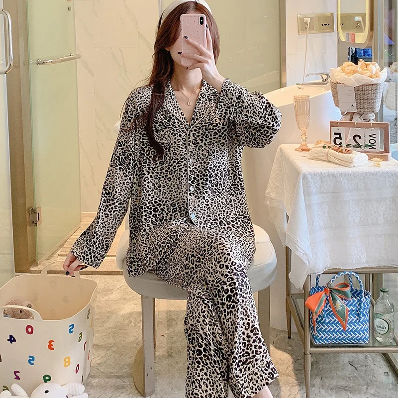 Women's Pajama Long Sleeves Spring Sleepwear Student Silk Leopard Print Sweet  Pajamas Set