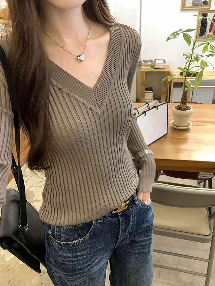 Корейская серия супер красивый V-образный вырез анти-полоска длинный рукав