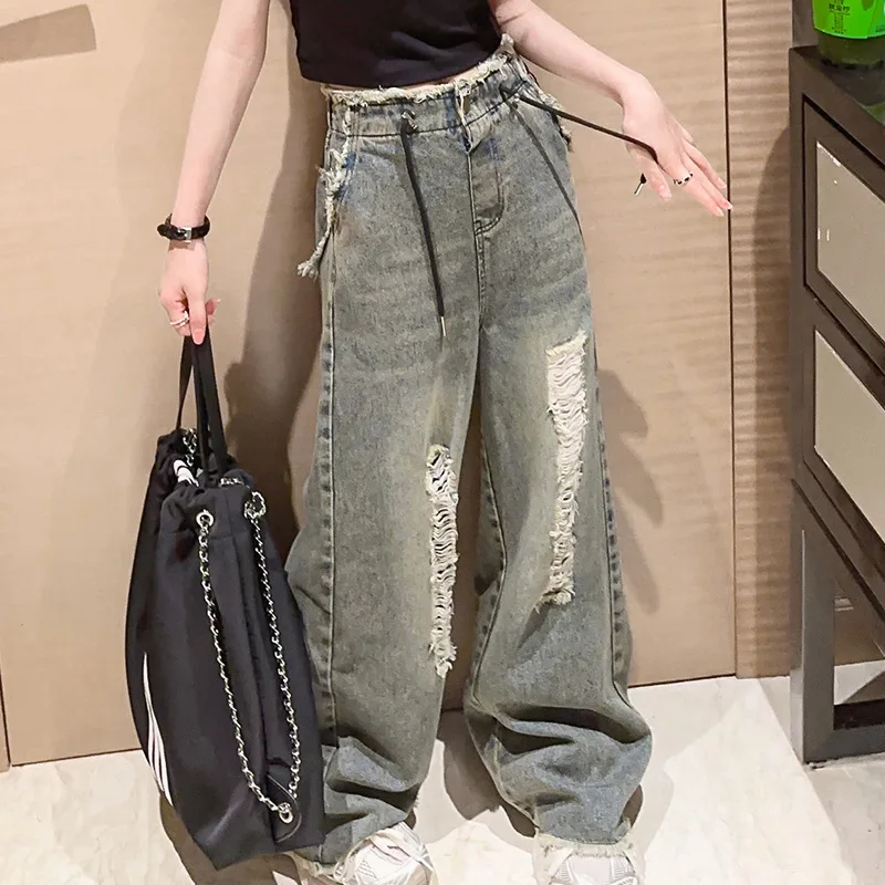 

Girls Ripped Jeans Autumn 2023 Fasion Loose Casual Wide Leg Pants for Kids Straight Elastic Waist Teenage Children Trousers