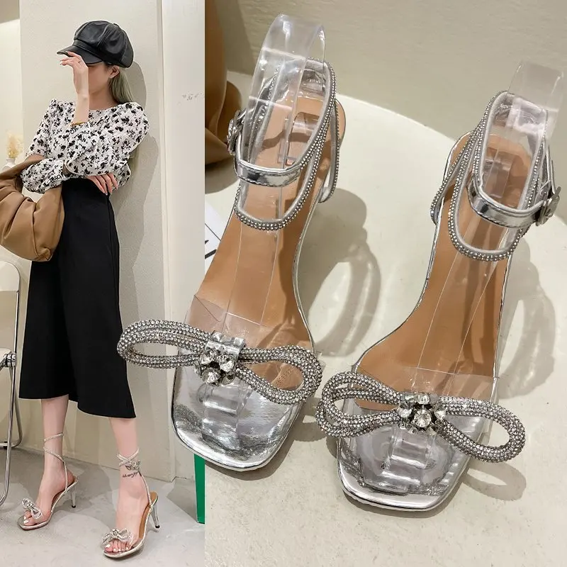 

2022 New Square Toe Rhinestone Bow Sandals Ankle Strap Net Red Fairy High Heels Sexy Party Women Bling Sandals women shoes