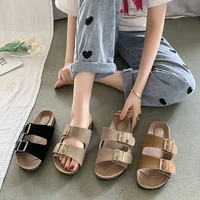 2022 New Woman Square Buckle Slippers Open Toe Flat Sandals High Quality PU Summer Sandals Designer Brand Women's Shoes 35-43