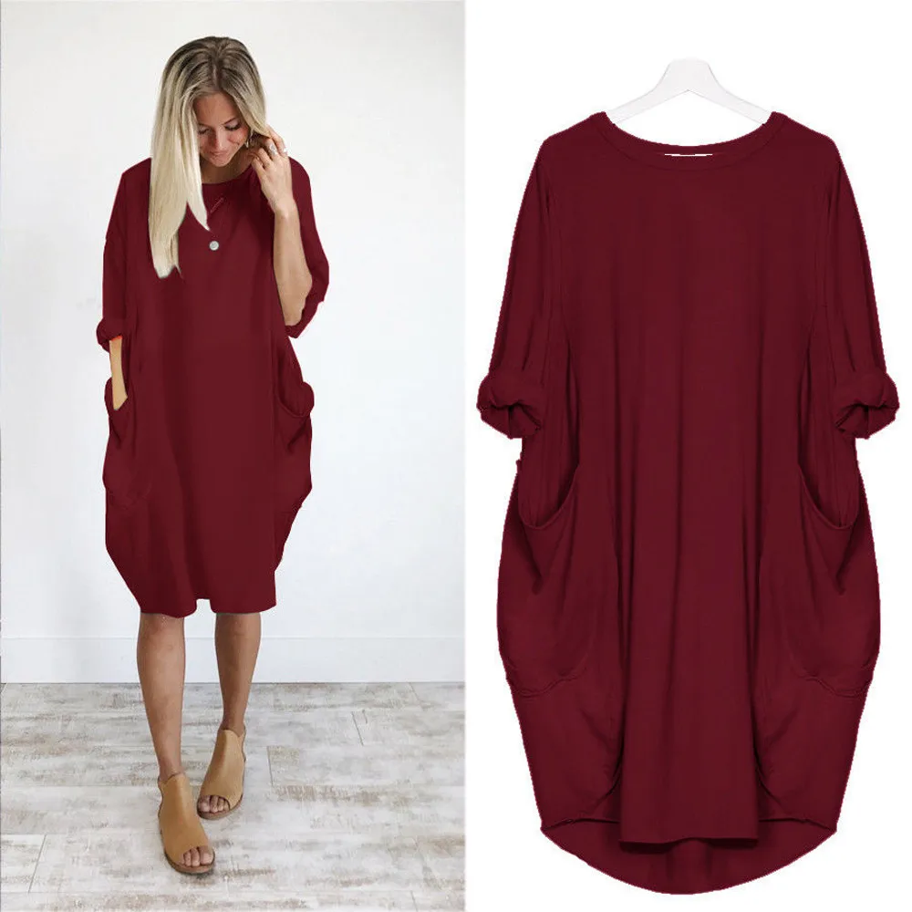 

Summer Woman Pocket Dress Solid Color Loose Casual Long Sleeve Women's Knee Dresses Sundress