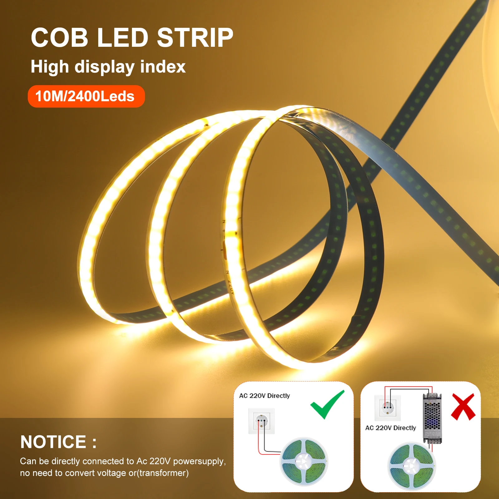 AC220V COB Strip Light 240LEDs/m 8mm PCB Adhesive 3000K 4000K 6000K High Density Linear Lighting Bar For Home Decor