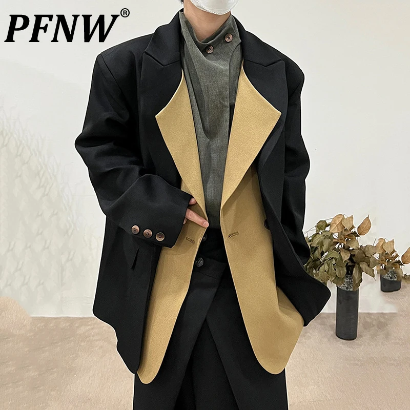

PFNW Spring Autumn New Men's Vintage Fake Two Piece Suit Coat Sspliced High End Handsome Loose Versatile Fashion Blazers 28A2940