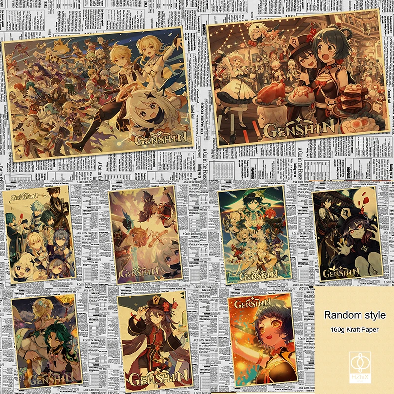 

влияние Геншина картины на стену все для дома интерьера Аниме постер Genshin Impact из крафт-бумаги в стиле ретро художественные постеры для гости...