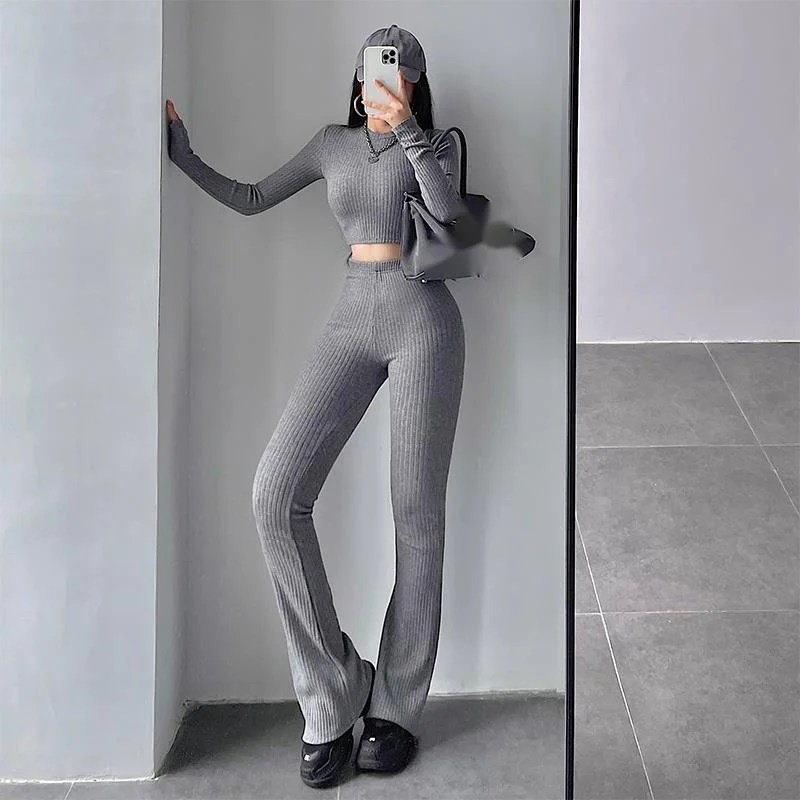 

Sexy autumn winter Girls Long Sleeve Tshirt Short Sweater High Waist Casual Flare Pants Knitting 2 Piece Set Bodycon Korean IF5V