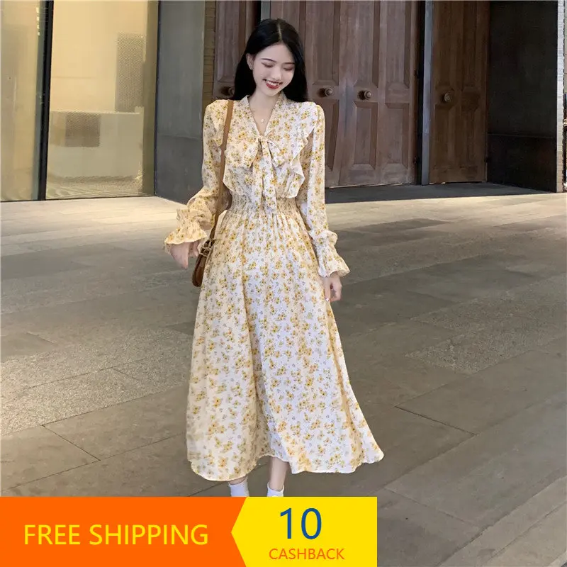 

Y2K Floral Dress Spring 2023 New Very Fairy First Love Temperament Butterfly Tied V-neck Long Sleeve Skirt Free Shipping