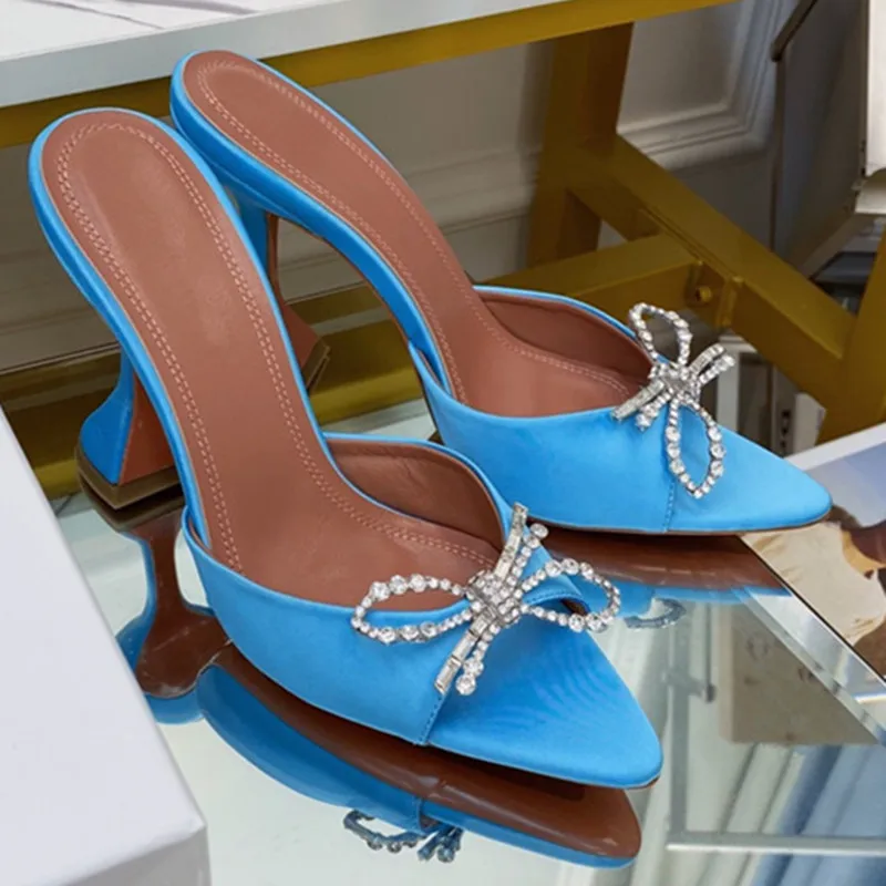 2022 summer European and American new high-heeled diamond decoration bow pointed open toe ladies slippers