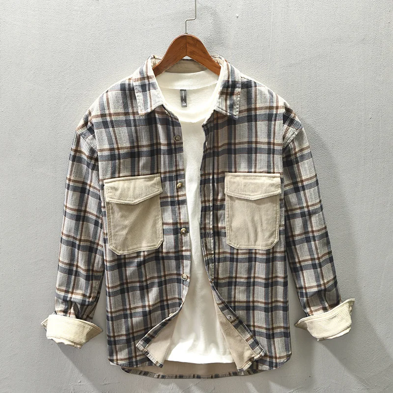 

Simple Khaki Plaid Shirts Coats For Men Patchwork Corduroy Double Pockets Turn Down Collar Daily Outdoor Causal Jackets