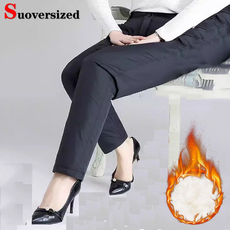 

Мешковатые плотные брюки на утином пуху, повседневные Прямые хлопковые брюки с подкладкой, женские зимние штаны большого размера, теплая обувь, новые брюки