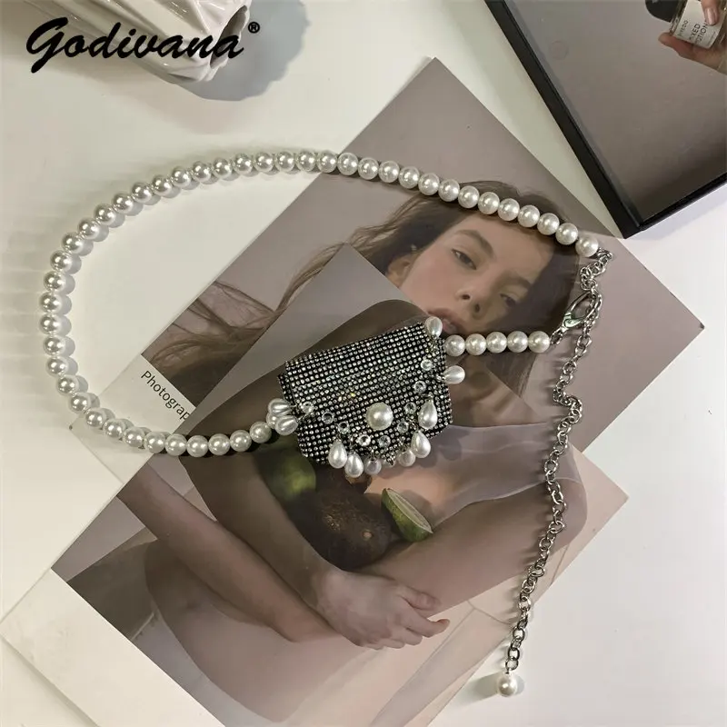 New Classic Style Pearl Chain Waist Bag Accessories Sparkling Rhinestones Waistband Bag Chest Waistbelt 2 Colors For Women Girls