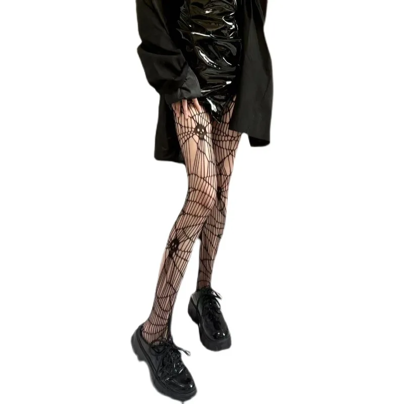 Колготки в сетку Лолита готика Череп и паутина Женщина Черный Чулки Прозрачные