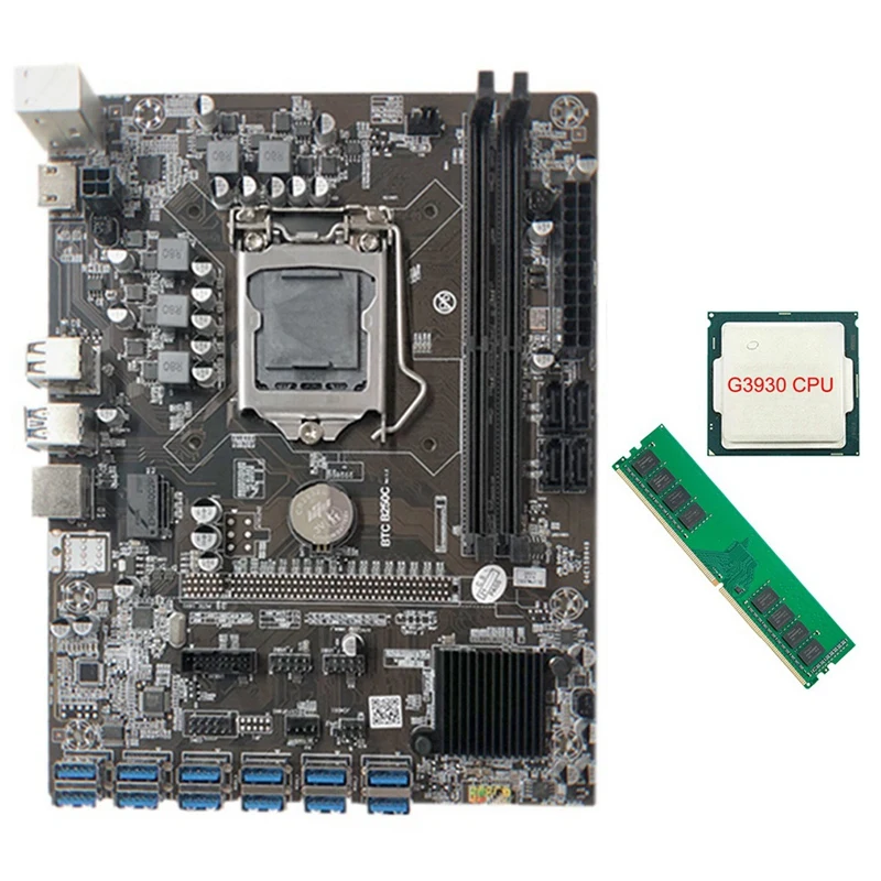 

Материнская плата для майнинга B250C с процессором G3930 + 1XDDR4 4G 2666 МГц ОЗУ 12xpcie на USB3.0, слот для карты, плата для BTC