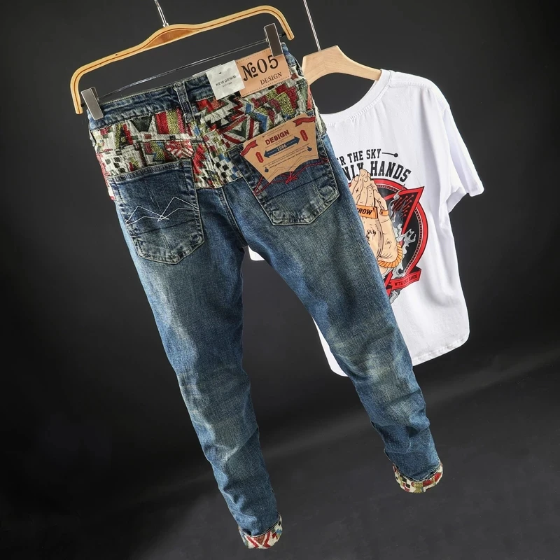 Street Fashion Men Jeans High Quality Elastic Embroidery Designer Slim Ripped Jeans Men Patchwork Trousers Vintage Pants Hombre