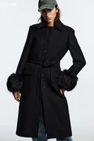 cozok thick woolen coats for women winter 2022 long elegant coats with belt black casual button warm jackets outwear female