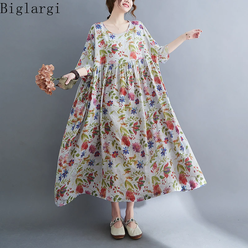 

Oversized Floral Print Summer Dress Women Beach Dress Large Size Women Loose Casual Ladies Dresses Korean Cotton Vintage Dress