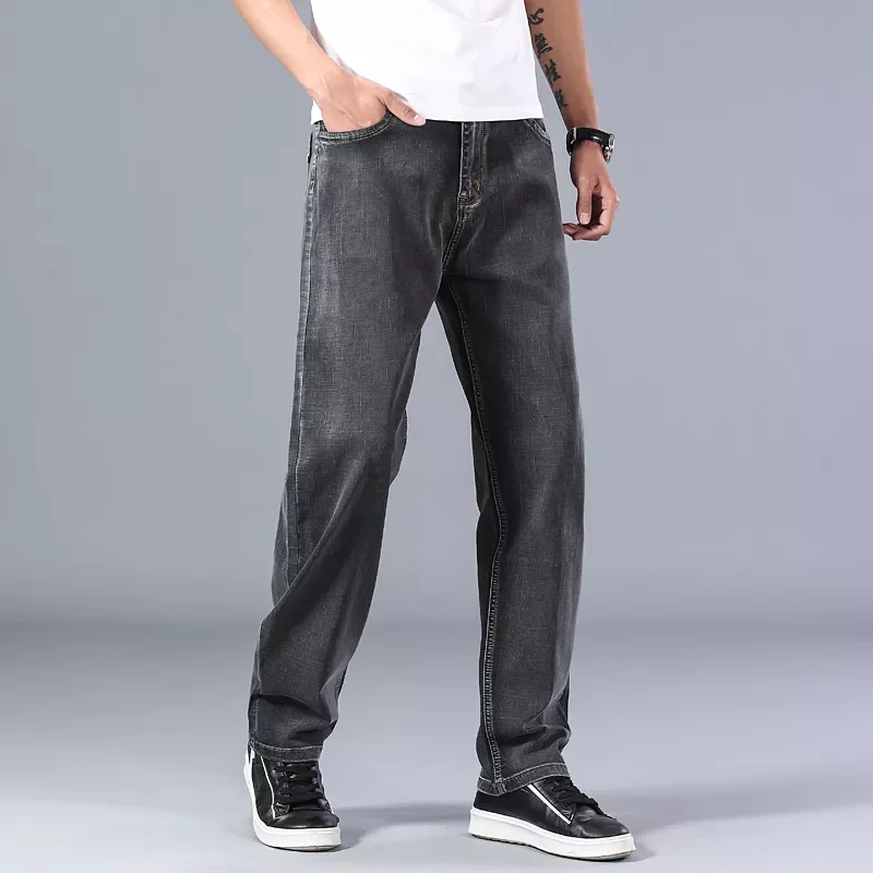 2022New Spring and Summer New Men's Gray Thin Jeans Advanced Stretch Loose Straight Denim Trousers Male Plus Size 40 42 44 B