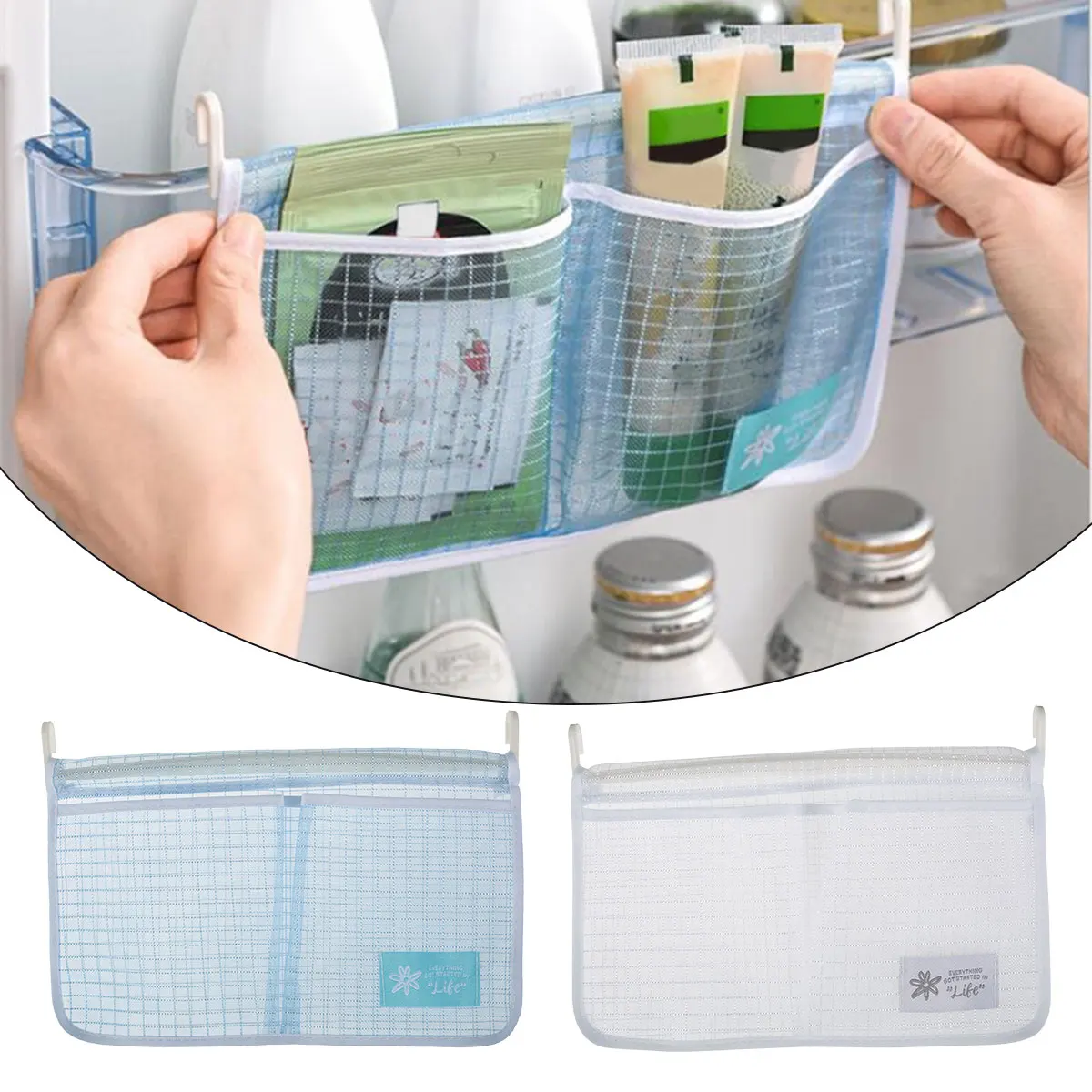 

Refrigerator Storage Mesh Bag Portable Seasoning Food Snacks Net Bag Double Compartment Hanging Bag Kitchen Accessories