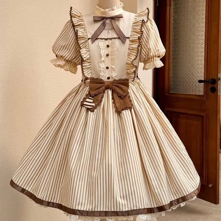Фото Платье MAGOGO Lolita Daily Flower для женщин: милое, с бантом, в полоску, с короткими пышными рукавами, для вечеринок, в стиле принцессы №1