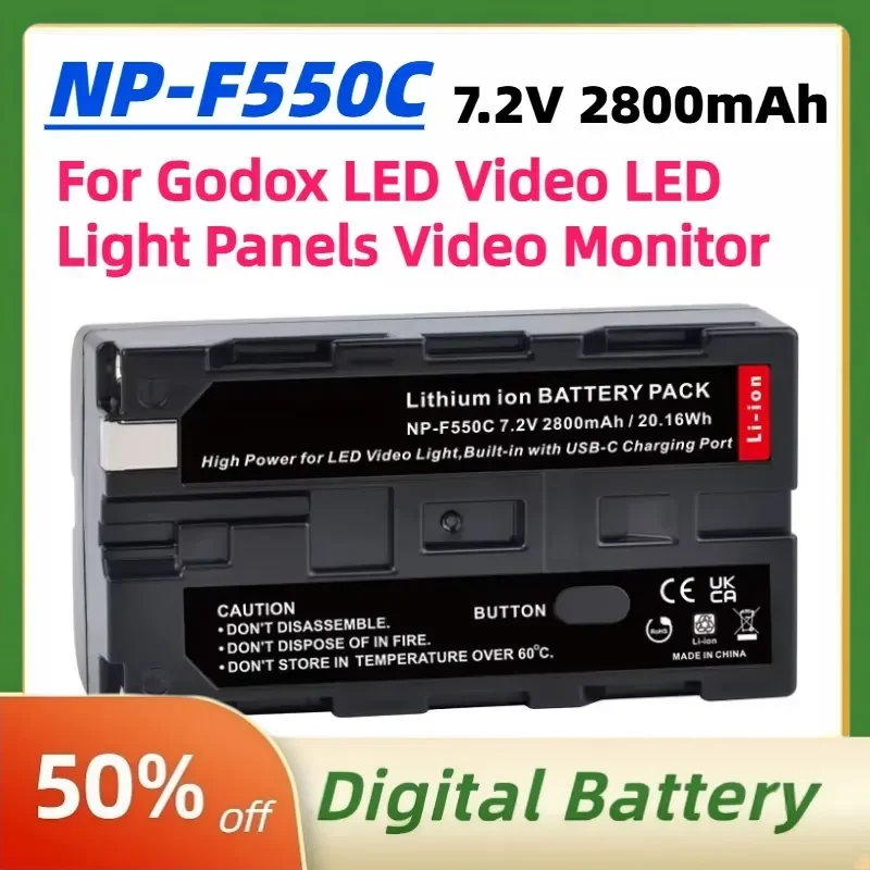 Фото Аккумулятор NP-F550C NP-F550 F570 7.2В 2800мАч с портом быстрой зарядки USB-C для светодиодных видеосветильников Godox и LED-панелей №1