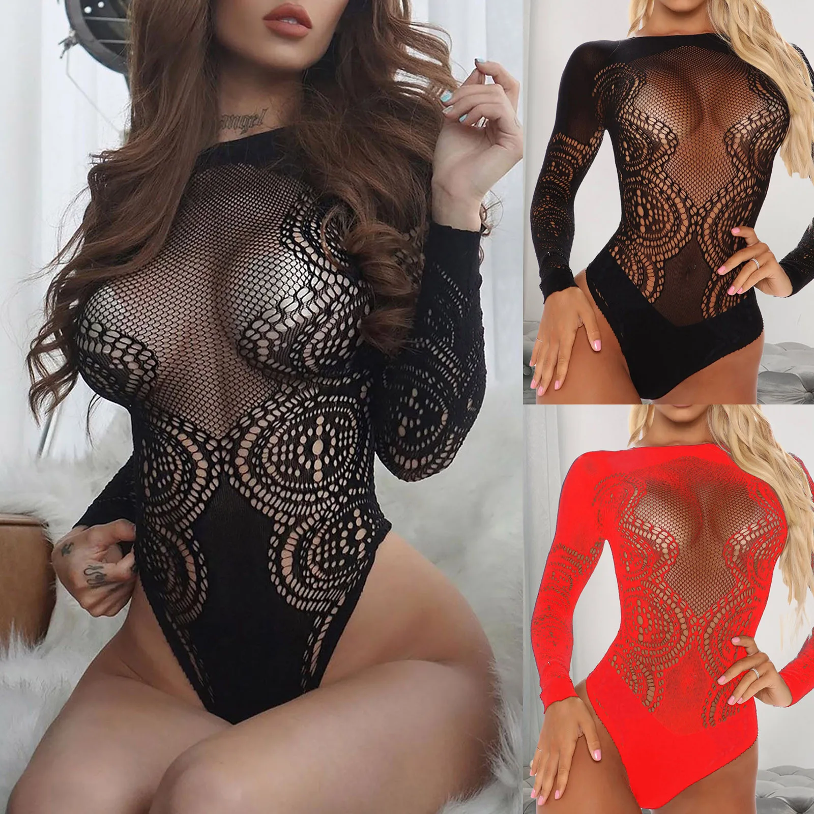 

2024 женское сексуальное прозрачное нижнее белье с вырезами, костюм, Сексуальная кружевная Пижама, боди, однотонное боди с длинным рукавом