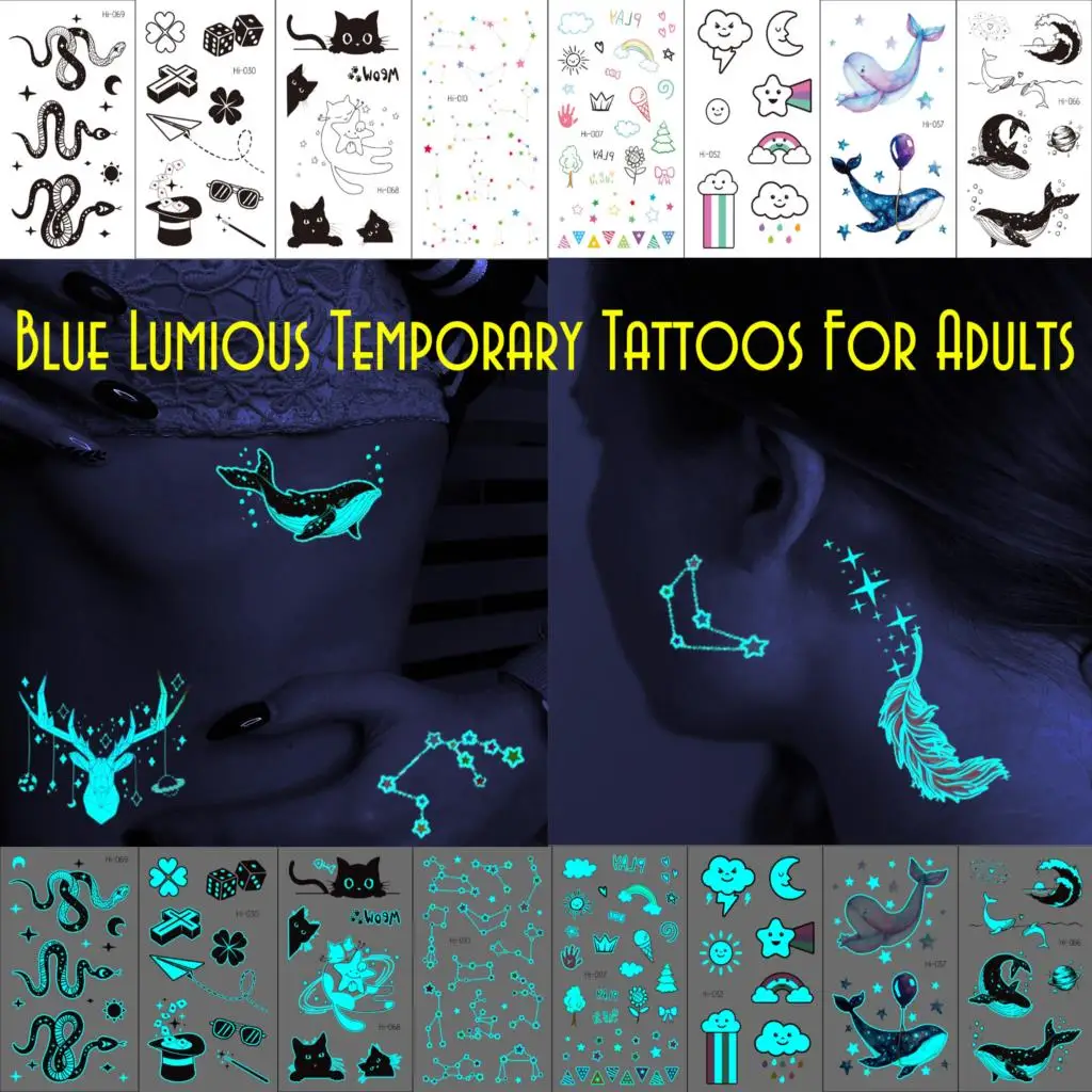 

Glow In Dark Whale Temporary Tattoos For Girls Luminous Feather Constellation Cat Fake Tattoo Sticker Teens Face Stars Tatoos 3D