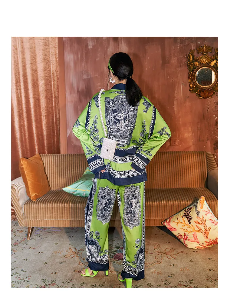 Spring Silk Pajamas for Female Satin Vintage Printed Sleepwear 2 Pieces Set Long Sleeve Loose Luxury Women's Autumn Home Suit