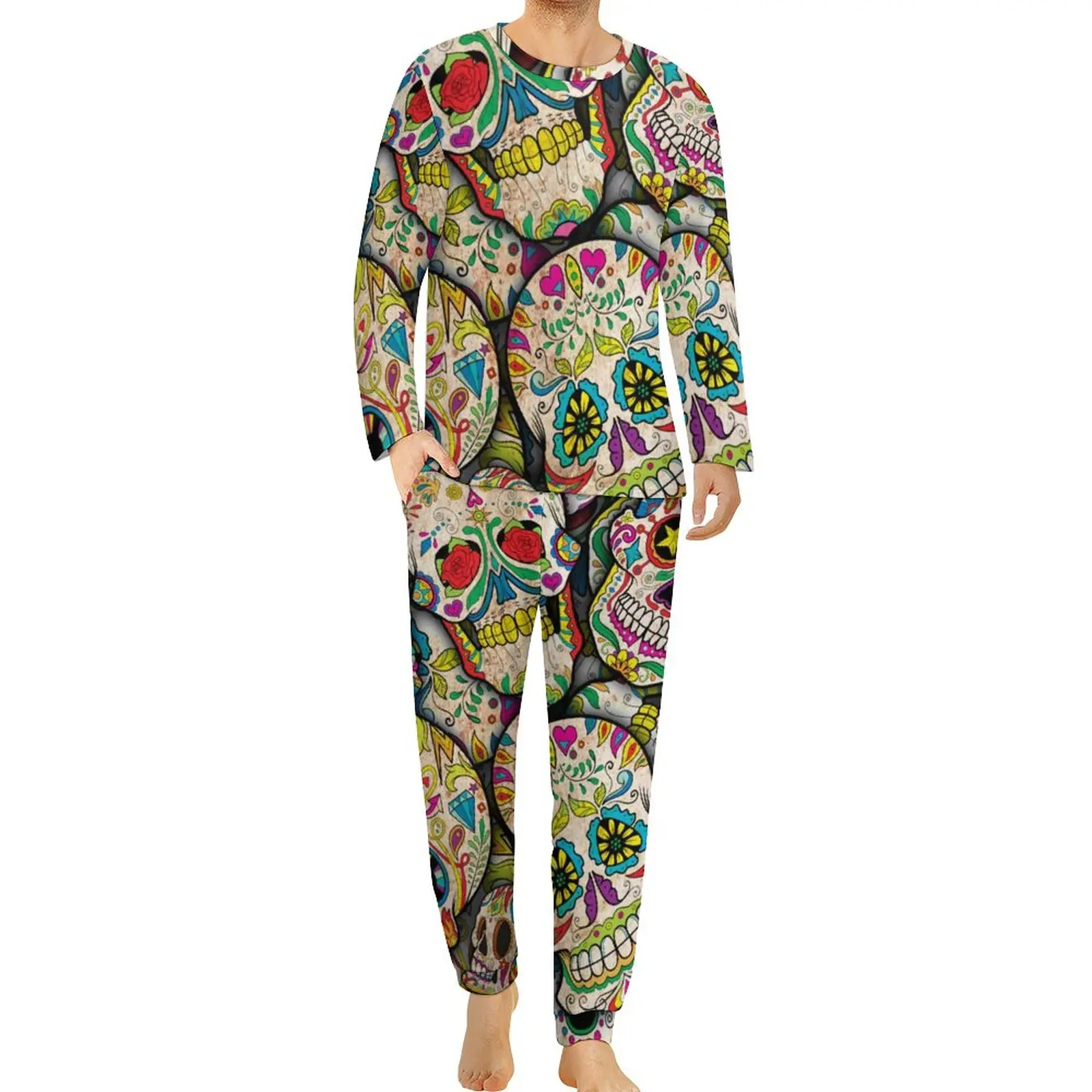 

Colorful Skeleton Pajamas Winter 2 Pieces Sugar Skulls Floral Print Kawaii Pajama Sets Men Long Sleeve Leisure Pattern Sleepwear