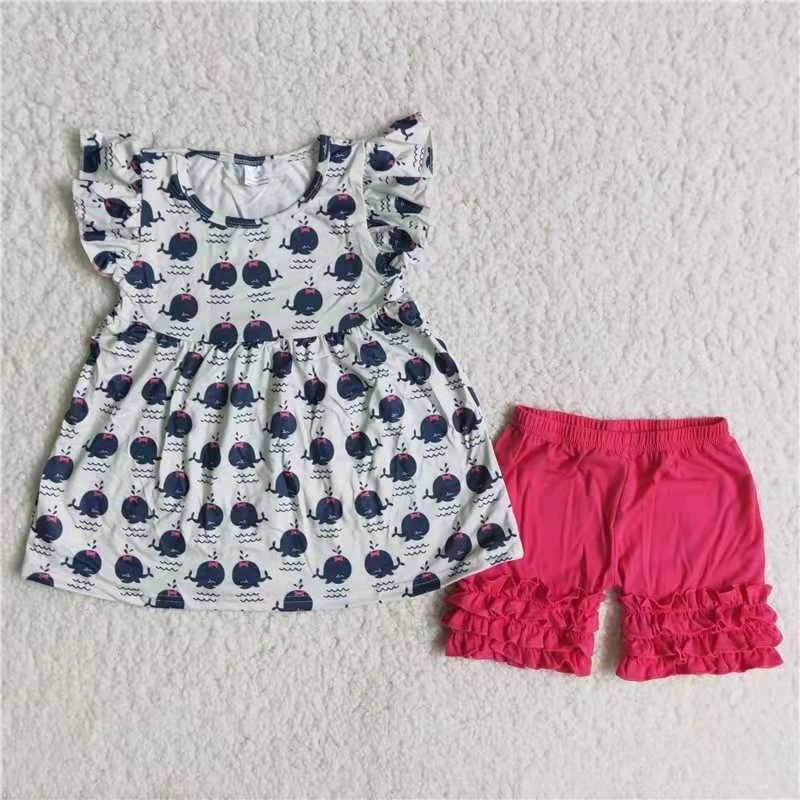 

children clothes clothing set girl boutique outfit flutter sleeve whale top and hot pink shorts ruffle kids clothing set