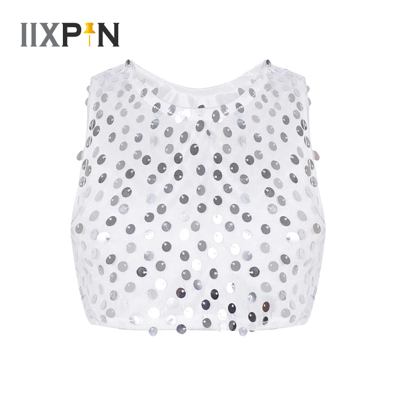

Kids Girls Ballet Tops Sleeveless Solid Color Shiny Sequins Dance Tank Crop Top Stage Performance Costume Jazz Dance Wear